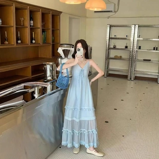 法式女V领流苏大摆吊带连衣裙长裙显瘦黄色红色新疆青海云南旅行