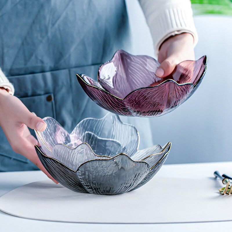 日式金边彩色玻璃水果碗手绘描金花瓣沙拉碗家用甜品零食干果摆盘