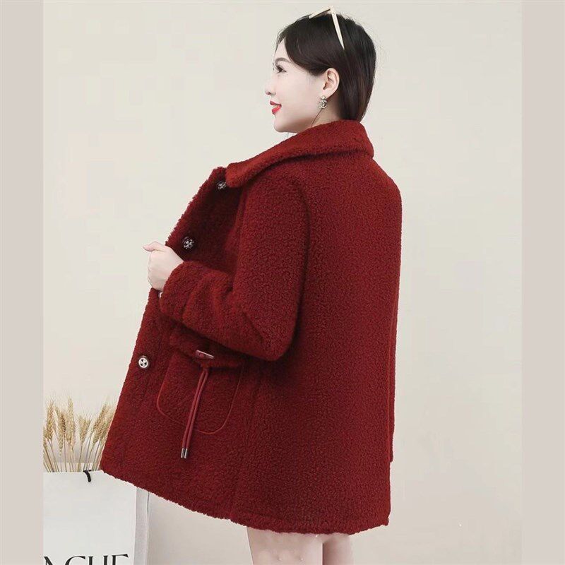 中长款羊羔绒毛呢外套女士中年妈妈装秋冬装新款加绒加厚保暖上衣
