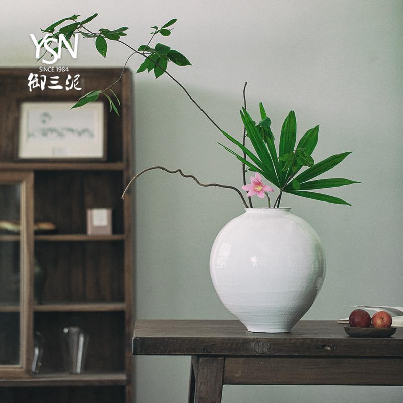御三泥陶瓷侘寂养鲜花花瓶复古月亮瓶白色陶艺摆件禅意插花干花