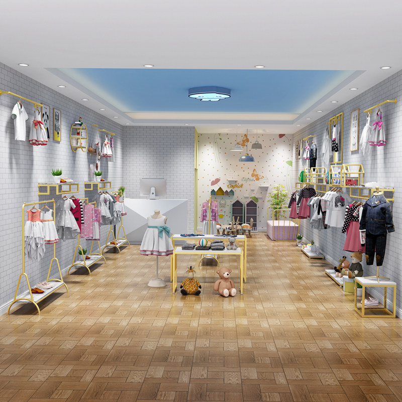 新品金色童装店展示架落地式儿童服装店货架上墙壁挂式衣架陈列架