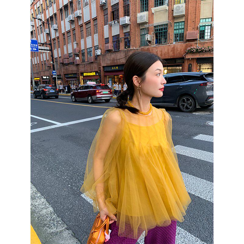 落落狷介 独特超好看网纱上衣女姜黄色设计感小个子两件套无袖T恤