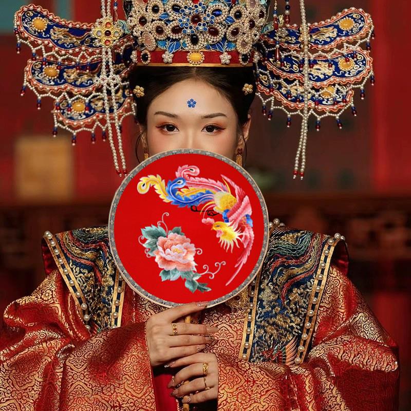 苏绣团扇双面异色古典宫扇子汉服舞蹈扇女式长柄宫廷八瓣紫竹刻字