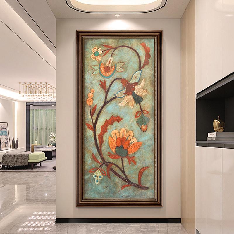美式花卉入户玄关装饰画竖版客厅挂画复古两联肌理画走廊过道壁画