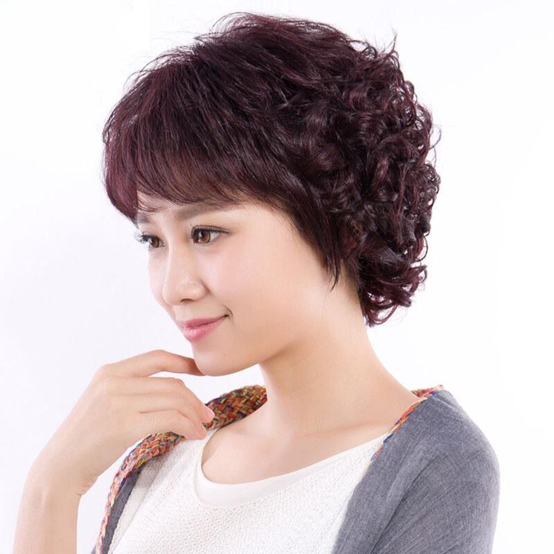 中老年假发女短发短卷发中长卷发自然真发中老年蓬松斜刘海假发套