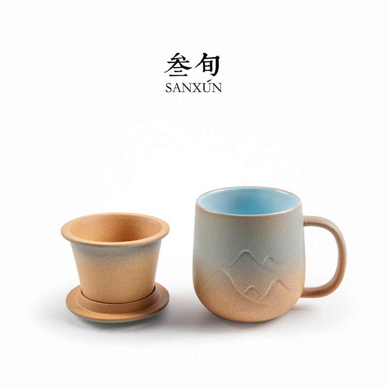 叁旬山峦马克杯带盖过滤茶杯家用陶瓷水杯办公室创意泡茶杯子定制