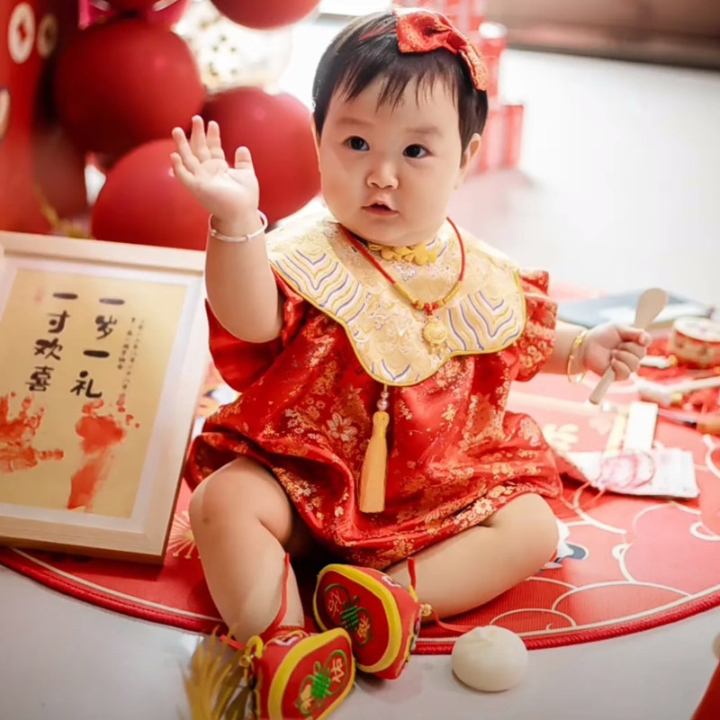 周岁礼服女宝宝春夏款红色中国风一岁抓周宴礼服婴儿包p中式唐装