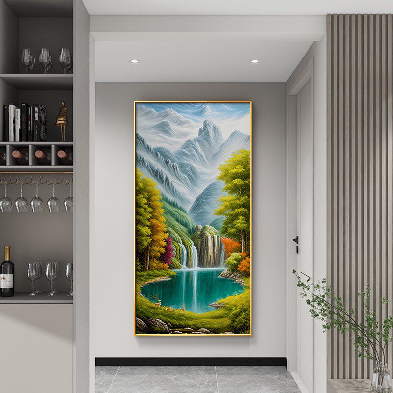 聚宝盆玄关装饰画小鹿大芬村油画欧式靠山图客厅竖版山水风景挂画