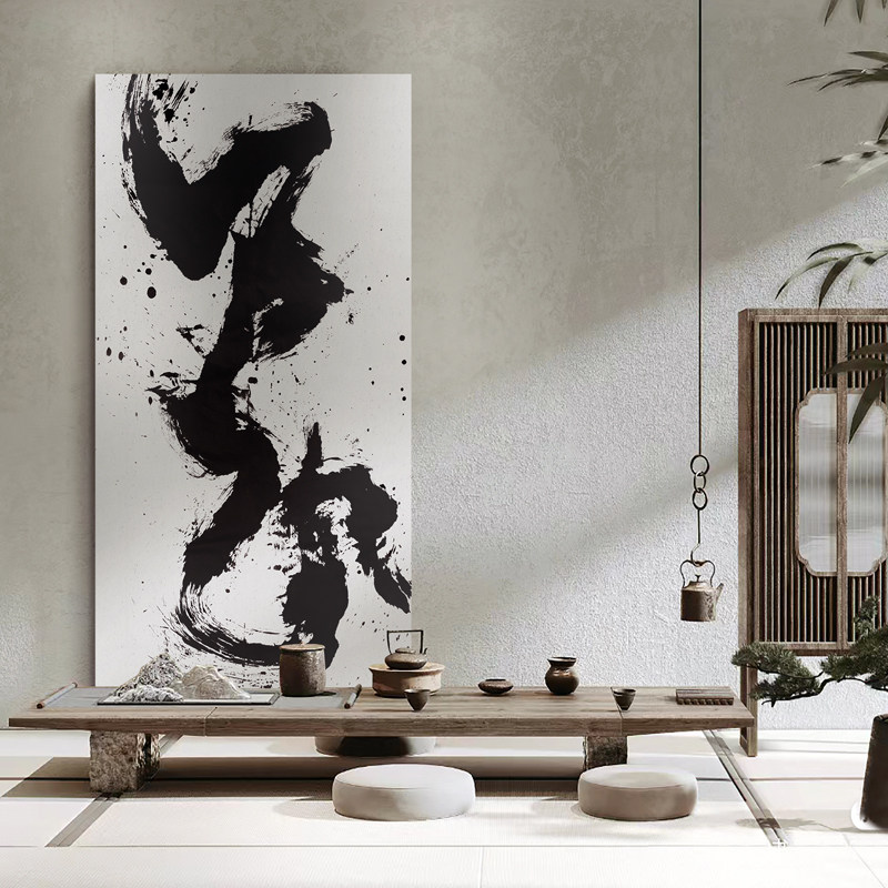 新中式入户玄关竖款大幅装饰画酒店走廊过道挂画抽象水墨书法字画
