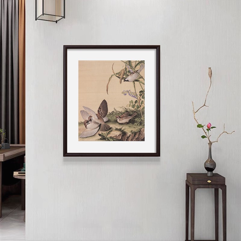 郎世宁仙萼长春图沙发背景墙装饰画组合新中式禅意壁画