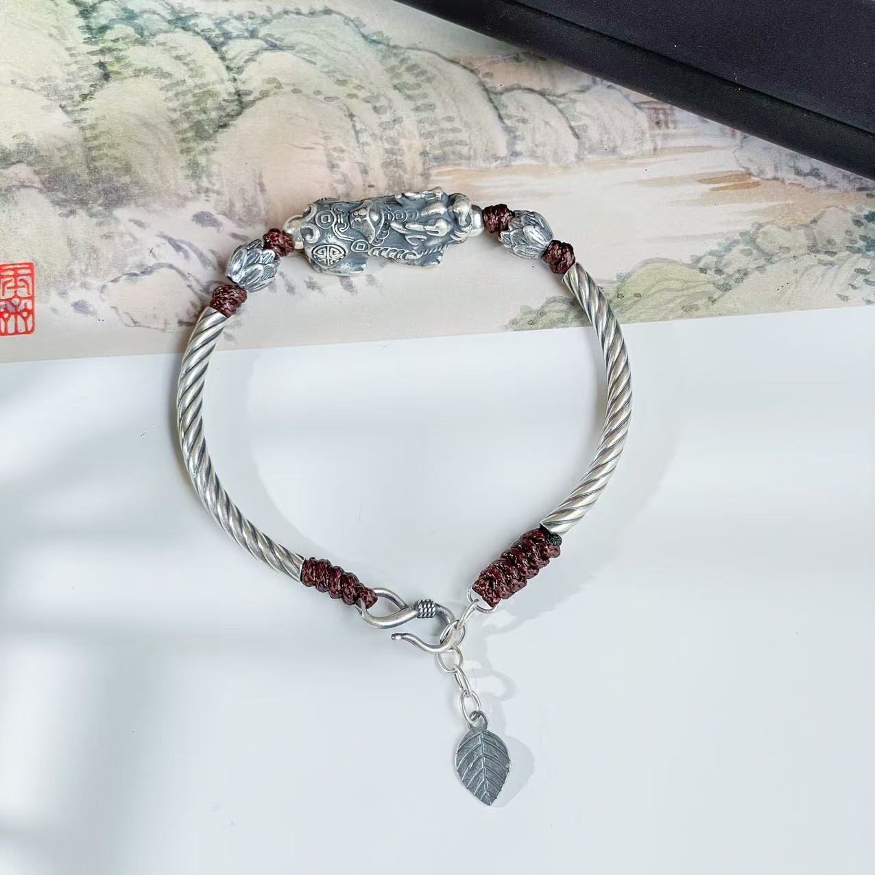 招财纳福貔貅足银999复古福莲花手工编织转运手链男款送男士礼物