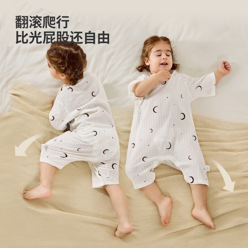儿童连体睡衣宝宝空调家居服夏季薄款七分中袖纯棉男童女婴儿睡袋