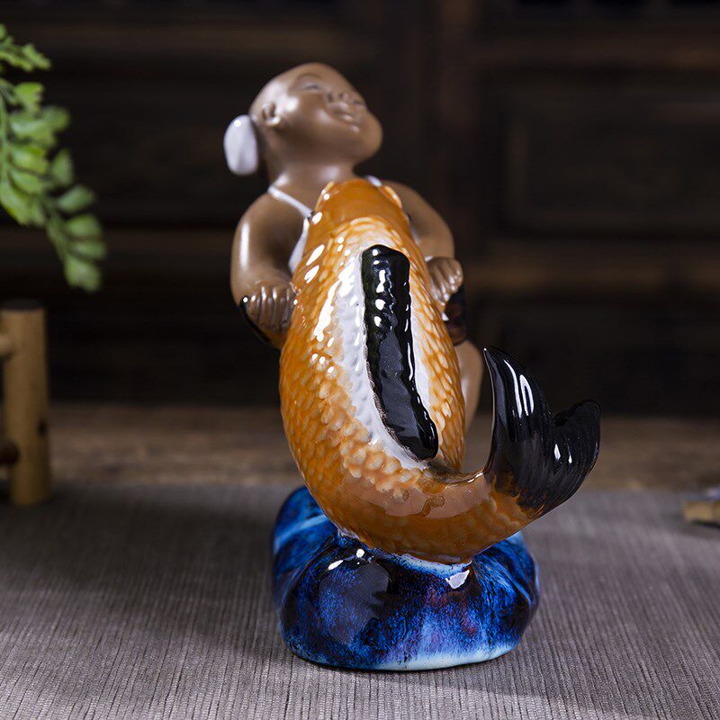 新款石湾陶瓷雕塑人物农家乐餐厅客厅装饰品摆件年年有鱼人壮鱼肥