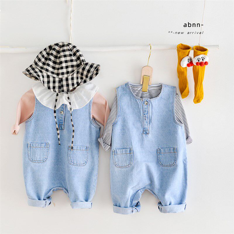 2021春夏季新款洋气新生婴儿男女宝宝牛仔背带裤子无袖连体衣薄款