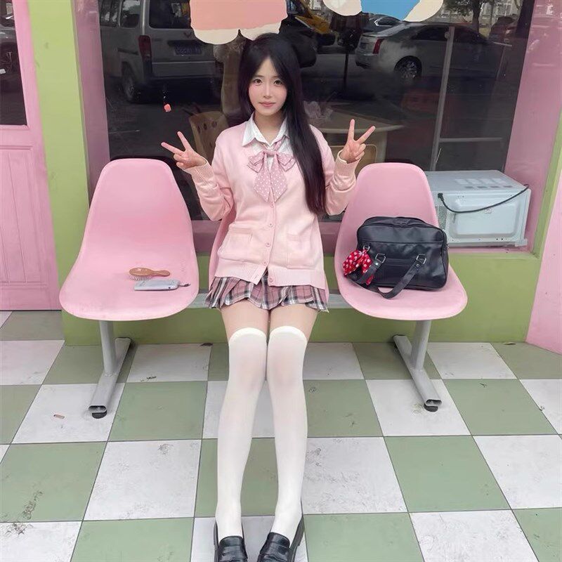 JK制服毛衣樱花粉开衫外套女秋冬学院风甜妹针织衫白桃香格裙套装