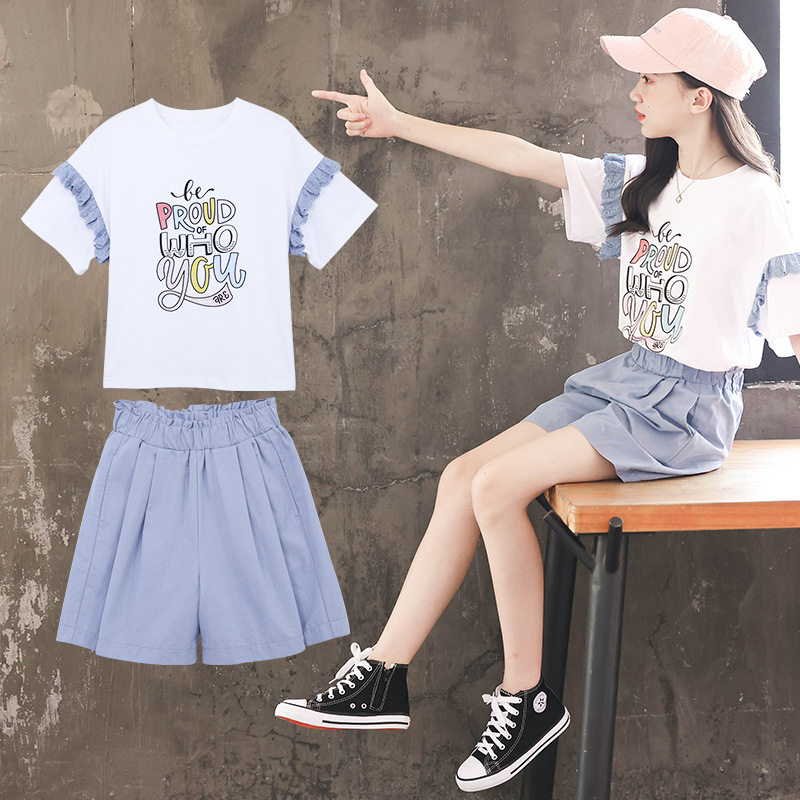 女童夏装套装2021新款女孩8网红9洋气12岁中大童短袖短裤两件套潮