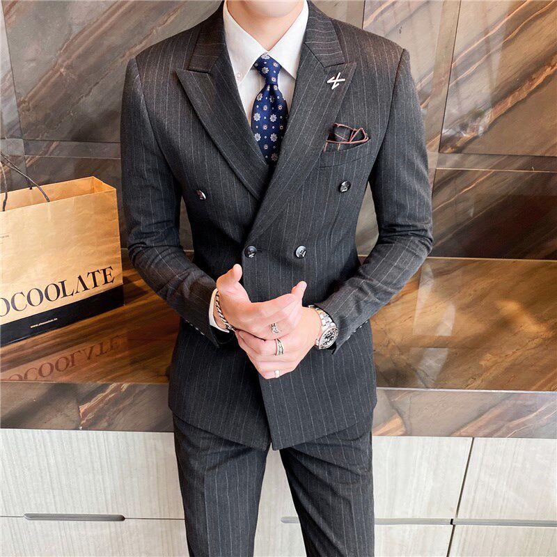 男士双排扣条纹新郎结婚礼服西装套装修身大码英伦正装西服三件套