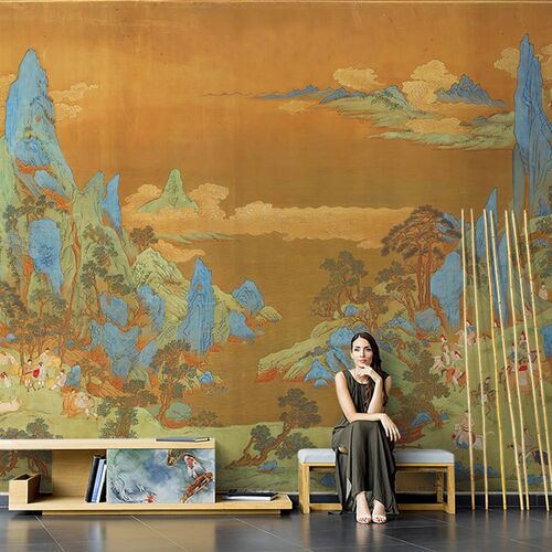 Katiya复h古中式山水水墨壁画客厅电视背景墙壁纸办公室定制墙布
