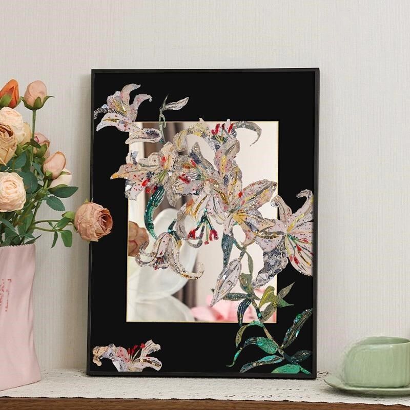 百合花卉镜子画h 画抽象中古客厅摆画 画卧室玄关挂画 画小众艺术