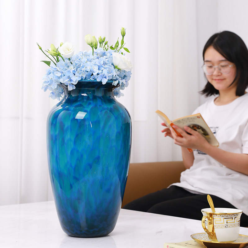 艺术透明蓝色大花瓶摆件客厅插花轻奢高级感孔雀蓝玻璃落地冰裂