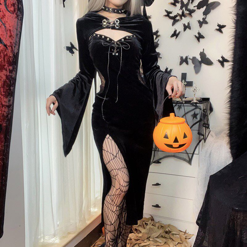 欧美暗黑系万圣节新款女装吊带连衣裙套装连帽喇叭袖蜘蛛网连衣裙
