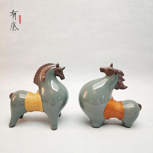 中国特色手工艺礼品青瓷唐马瓷胎竹编工艺摆件商务送礼创意送老外