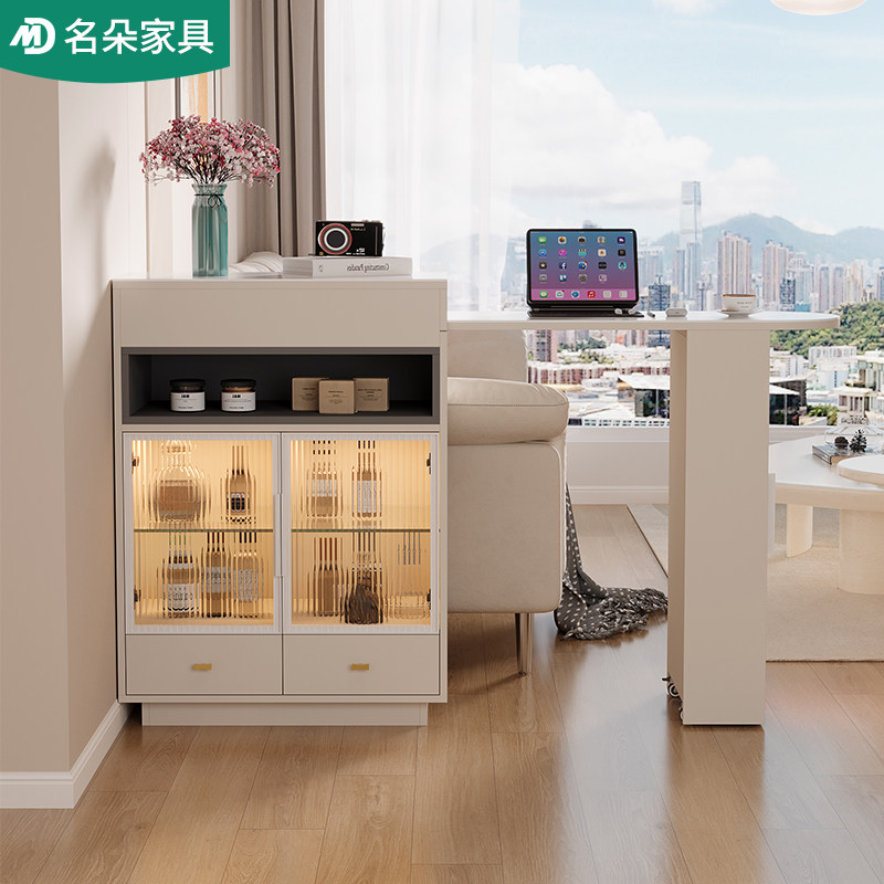 奶油风伸缩吧台家用客厅隔断柜餐边柜置物架酒柜窄岛台小户型玄关