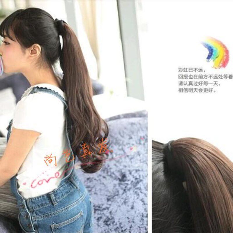 真发马尾假发女60长卷发大波浪梨花百分百全真人发丝口袋马尾接发