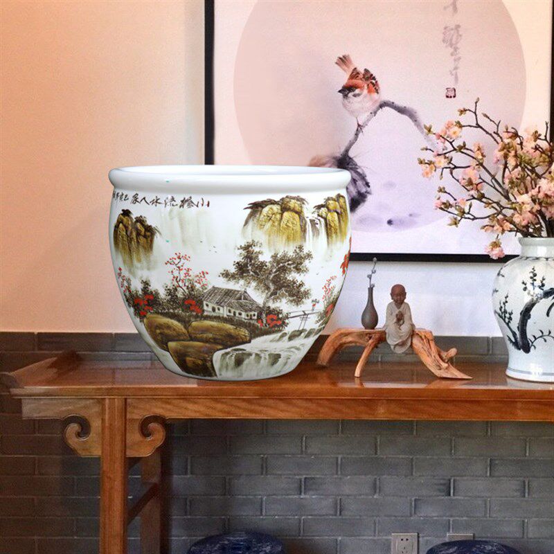 青花瓷吴国军景德镇陶瓷鱼缸锦鲤手绘瓷器书画缸新中式家居摆