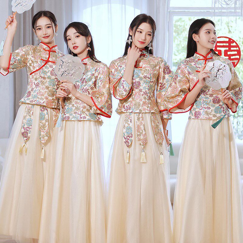 中式伴娘服女2024新款春夏大码胖MM结婚礼服显瘦旗袍姐妹团伴娘裙