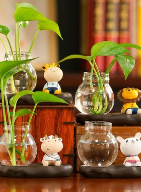 工位办公室桌面花瓶摆件创意插花空盆玻璃透明容器摆件家居装饰品