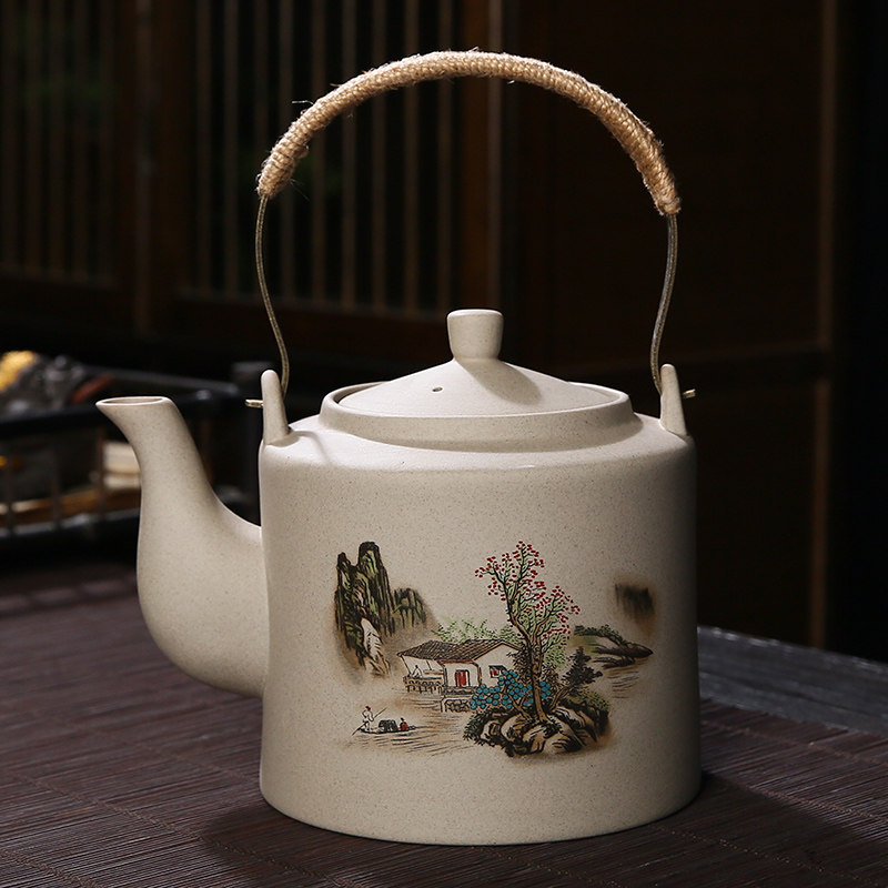 复古粗陶提梁壶大容量家用茶壶餐厅民宿带过滤网夏天凉水壶泡茶壶