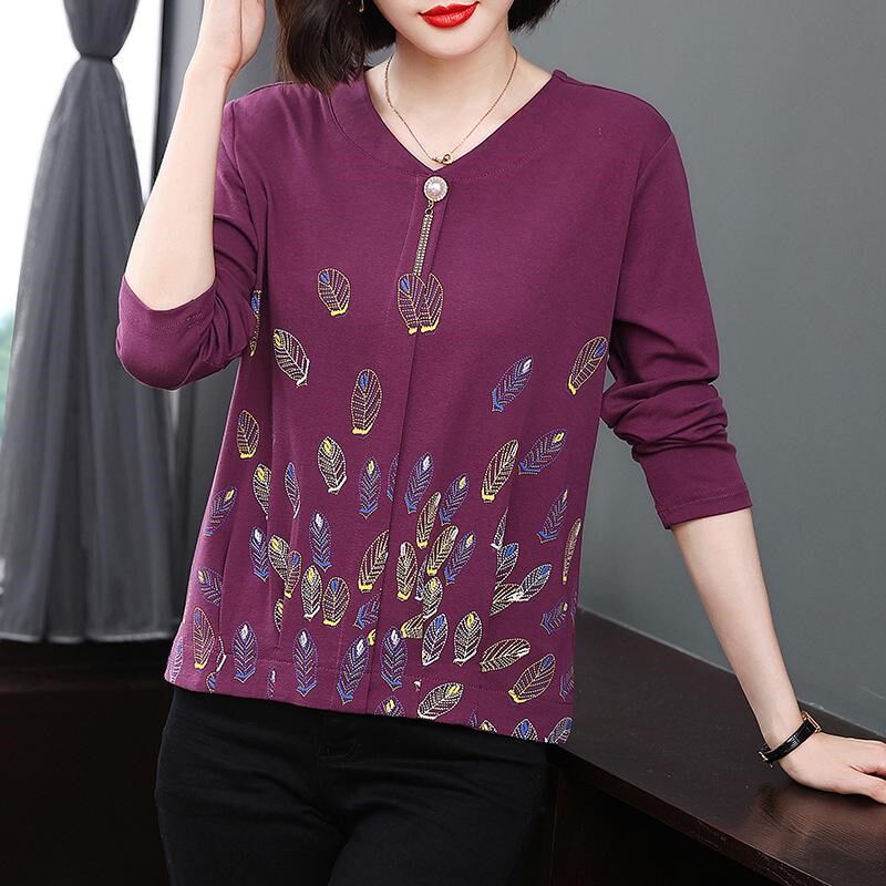 中老年妈妈秋装上衣纯棉打底衫女内搭v领长袖t恤妇女洋气高贵小衫