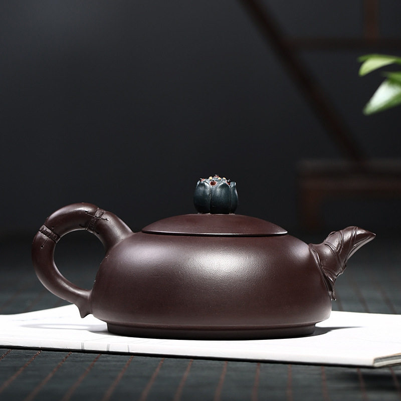 精品紫砂壶纯手工正宗功夫原矿老紫泥浮雕莲花国工蒋静明半月茶壶