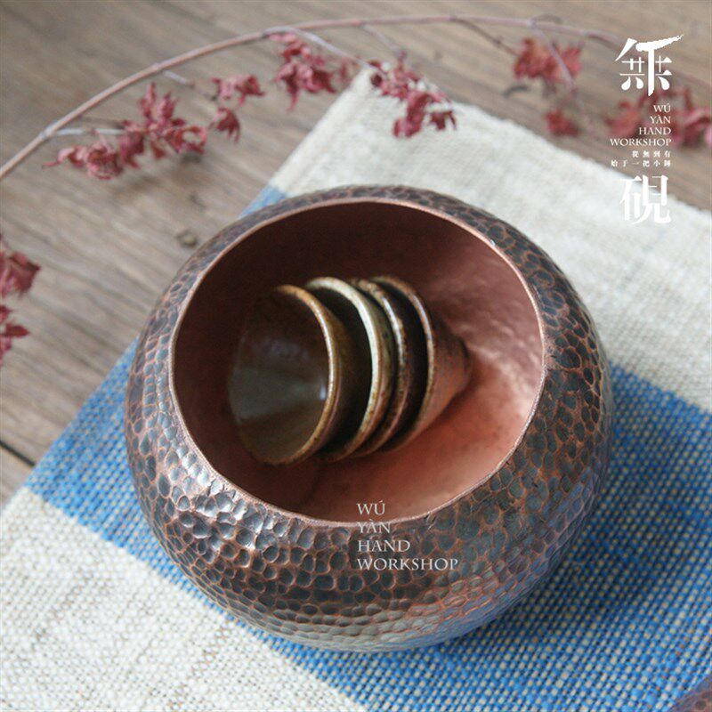 纯手工紫铜 三足 茶洗 水洗 水盂纯铜建水 钵盂 锤目纹