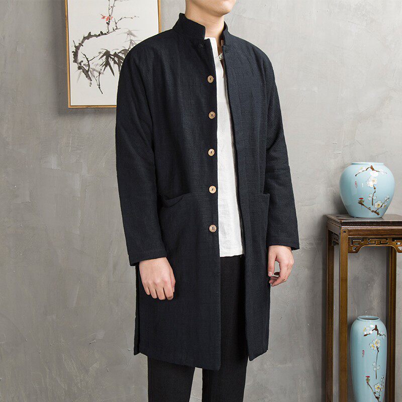 春秋季男士中国风唐装休闲外套中式立领复古风中年男装中长款风衣