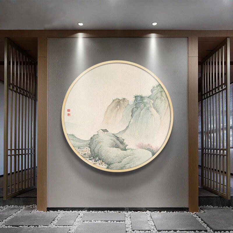 圆形山水挂画遮挡箱装饰画电表国画玄关中式背景墙客厅新中式定做