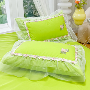 绿色小清新花朵白纱床裙款四件套春夏床罩被套花边公主风床上用品