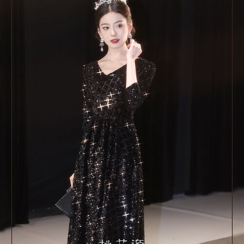 新款女士演出晚礼服敬酒主持舞台亮片长款高端修身黑色宴会订婚裙