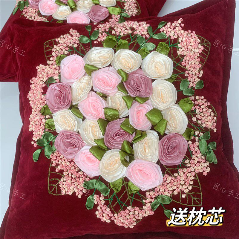 纯手工绣好成品丝带绣结婚庆送礼抱枕:幸福花开一对(送枕芯)