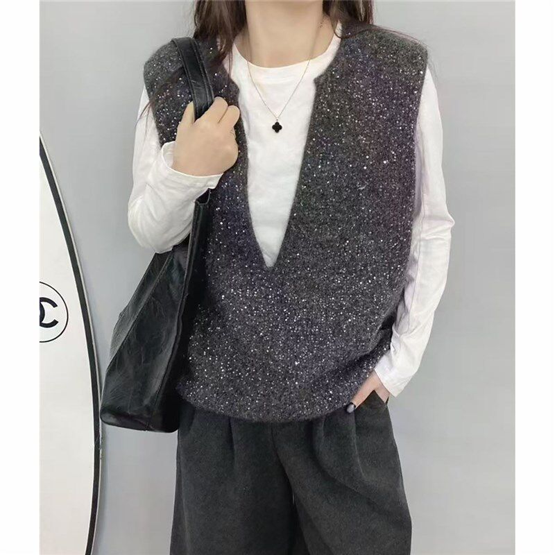 休闲宽松时尚毛衣女士背心高级感亮片黑灰色无袖叠穿秋冬针织马甲