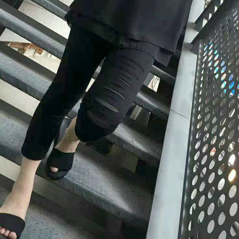 打底裤外穿春夏薄款高腰紧身小脚黑色九分破洞弹力裤子大码胖mm女