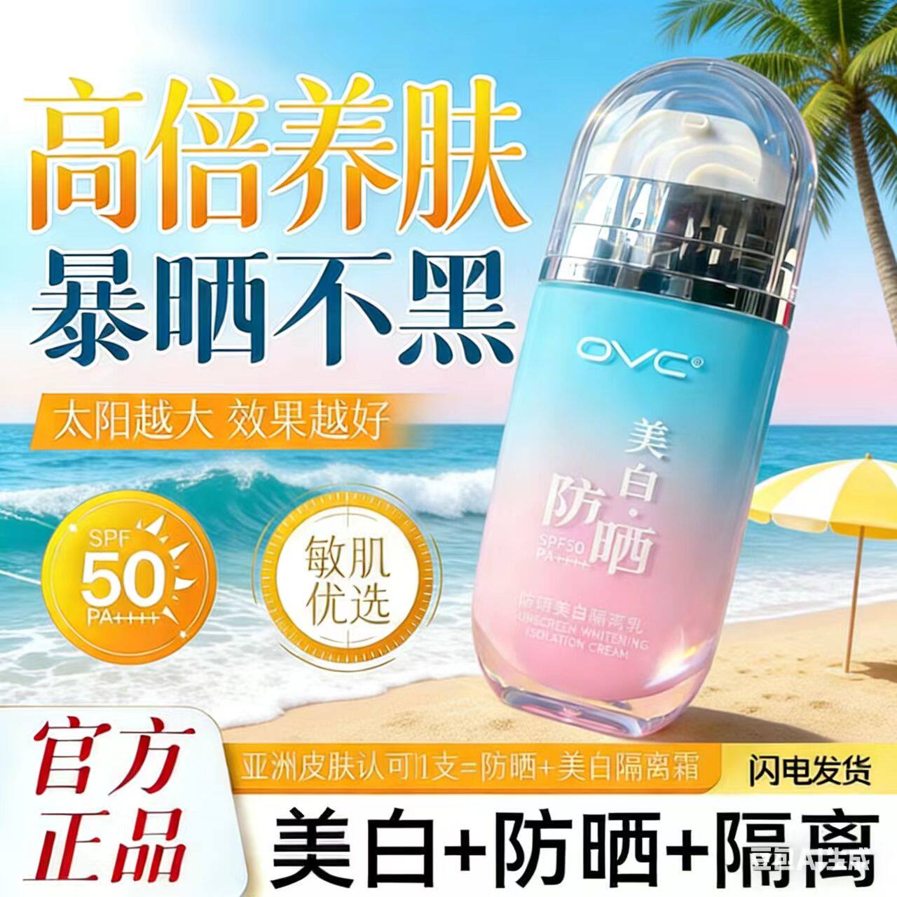 50高倍防晒霜防水防汗防紫外线清爽不油腻提亮肤色隔离遮瑕三合一