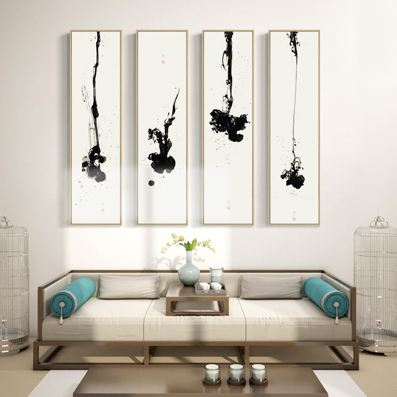 新中式禅意客厅装饰画四联沙发背景墙画意境水墨茶室壁画竖版挂画