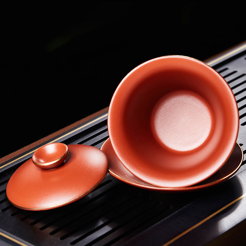 宜兴紫砂三才杯盖碗日式泡茶杯茶碗带盖单个防烫陶瓷功夫茶具套装