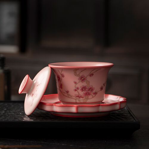 粉色猪油栋三才盖碗汝窑茶杯大容量单个高档功夫茶具泡茶碗礼盒装