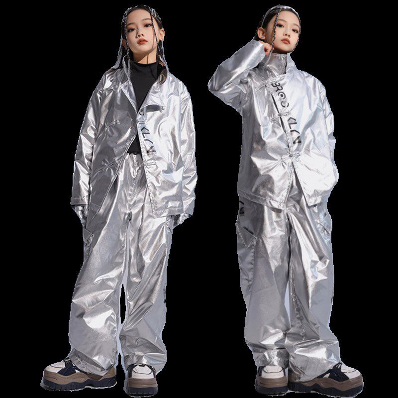 儿童街舞科技感银色皮衣架子鼓演出服少儿hiphop男女童嘻哈套装潮
