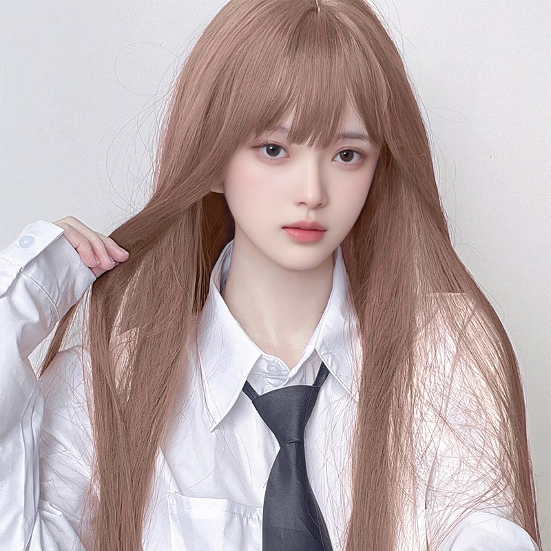 假发女粉色全头套式漫画齐刘海中长直发cos日常彩色假发头套自然