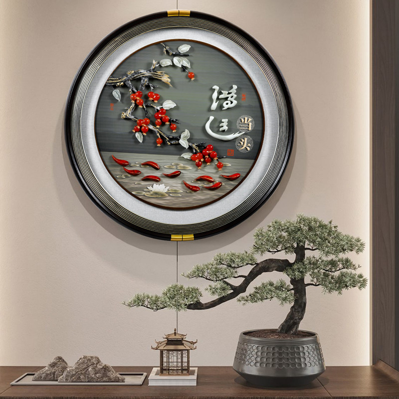 入户玄关装饰画感应灯玉雕圆形新中式进门led灯挂画入门高级立体