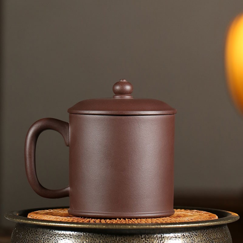 宜兴原矿紫砂杯梅花暗香配盖带把大容量办公会议家用泡茶杯子茶具